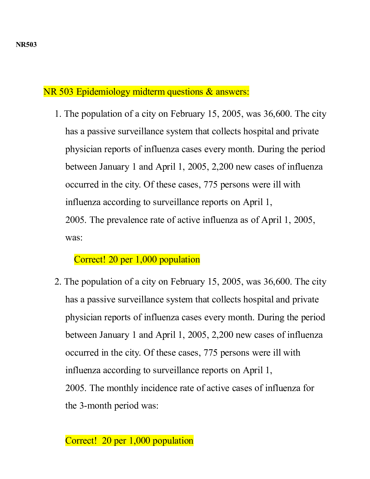 Preview of NR 503 Epidemiology Midterm Questions Answers.docx  NR503  NR 503 Epidemiology midterm que